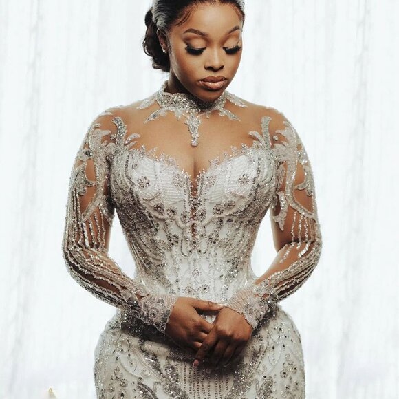 IS-NWT US12 Saudi Arabia Sequins Mermaid Wedding Dress High Neck Bridal Gowns - Picture 2 of 4